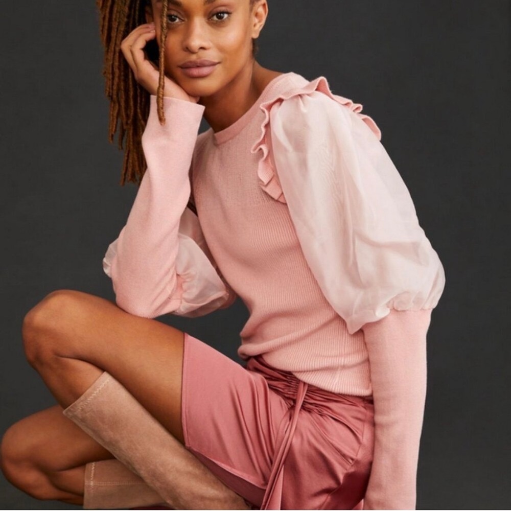 Anthropologie Mutton Sleeve Top L Juliet Sheer Ruffle Ballet Coquette Dainty